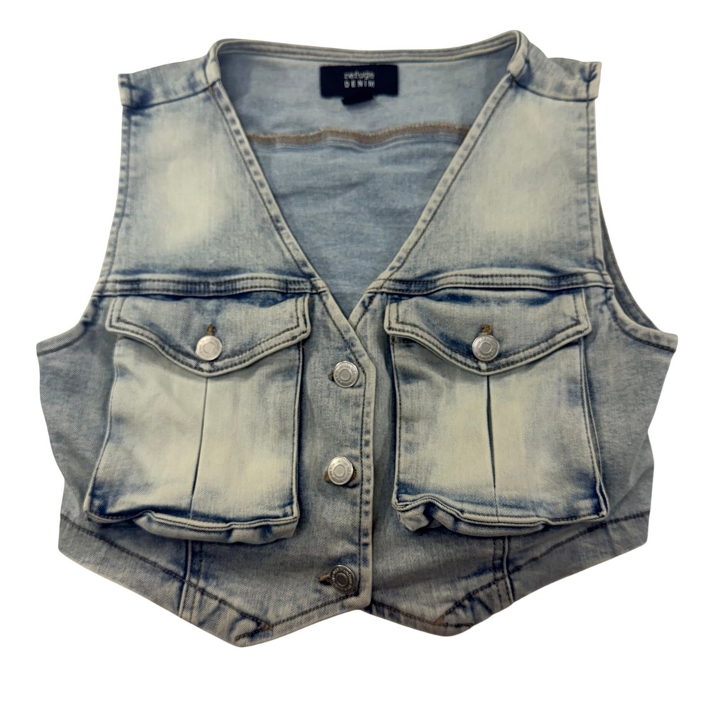Refuge Denim Vest Womens M Light Blue Acid Wash‎ Cropped Utility Cargo Y2K Retro